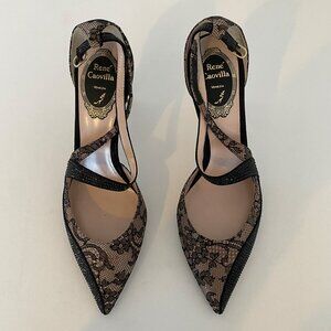 René Caovilla Black Lace Crystal Veneziana Pointed Toe Ankle Strap Pumps 37